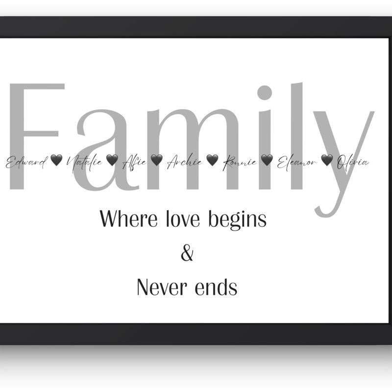 Family, Where love begins and never ends print.
