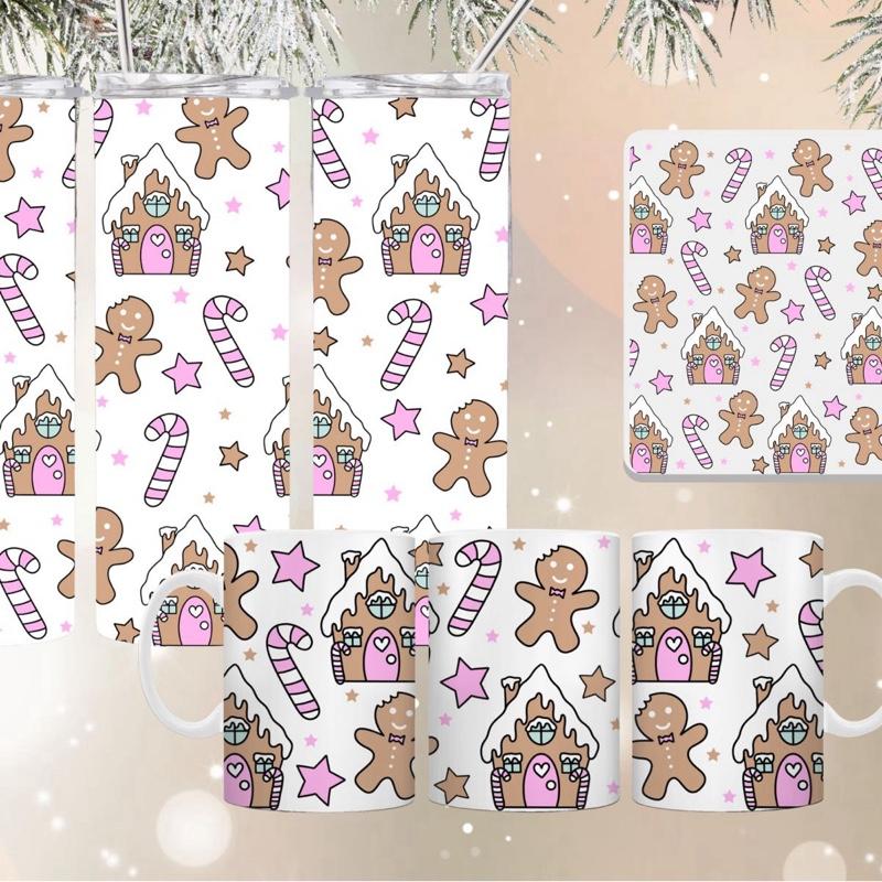 Gingerbread House Design 3 Piece Set with Tumbler Mug and Coaster Festive Christmas Pattern Drinkware Collection