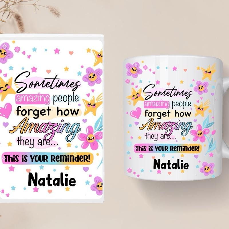 Affirmation 3 Piece Set with Mug Coaster & Notebook Personalised with Name Motivational Design for Amazing People