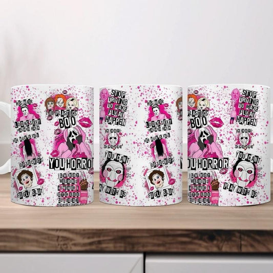 Horror Mean Girls Style 11oz Mug with Pink Splatter Design