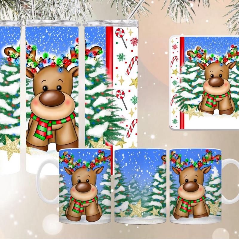 3 Piece Tumbler Mug & Coaster Set with Reindeer Design
