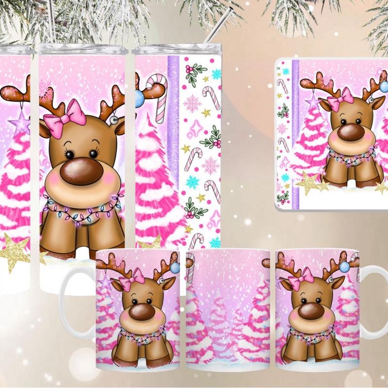 3 Piece Tumbler Mug & Coaster Set with Reindeer Design
