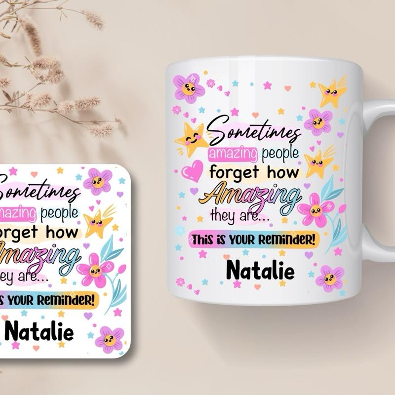 Affirmation 3 Piece Set with Mug Coaster & Notebook Personalised with Name Motivational Design for Amazing People