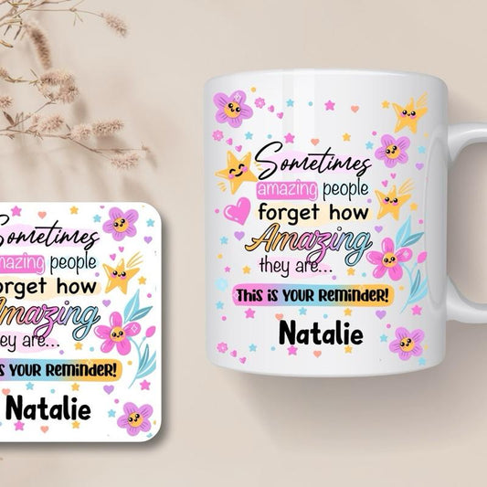 Affirmation 3 Piece Set with Mug Coaster & Notebook Personalised with Name Motivational Design for Amazing People